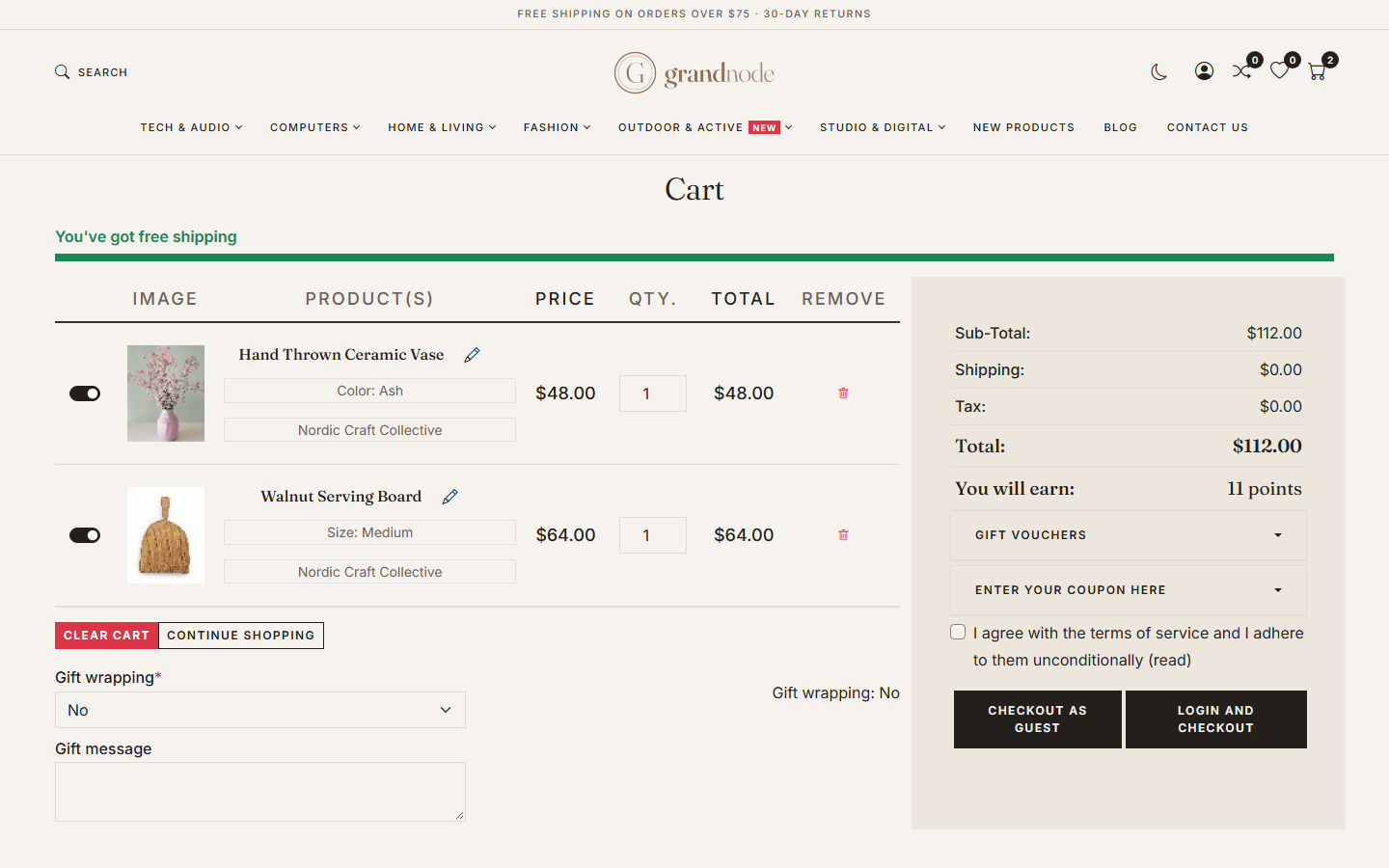 The cart after reaching free shipping