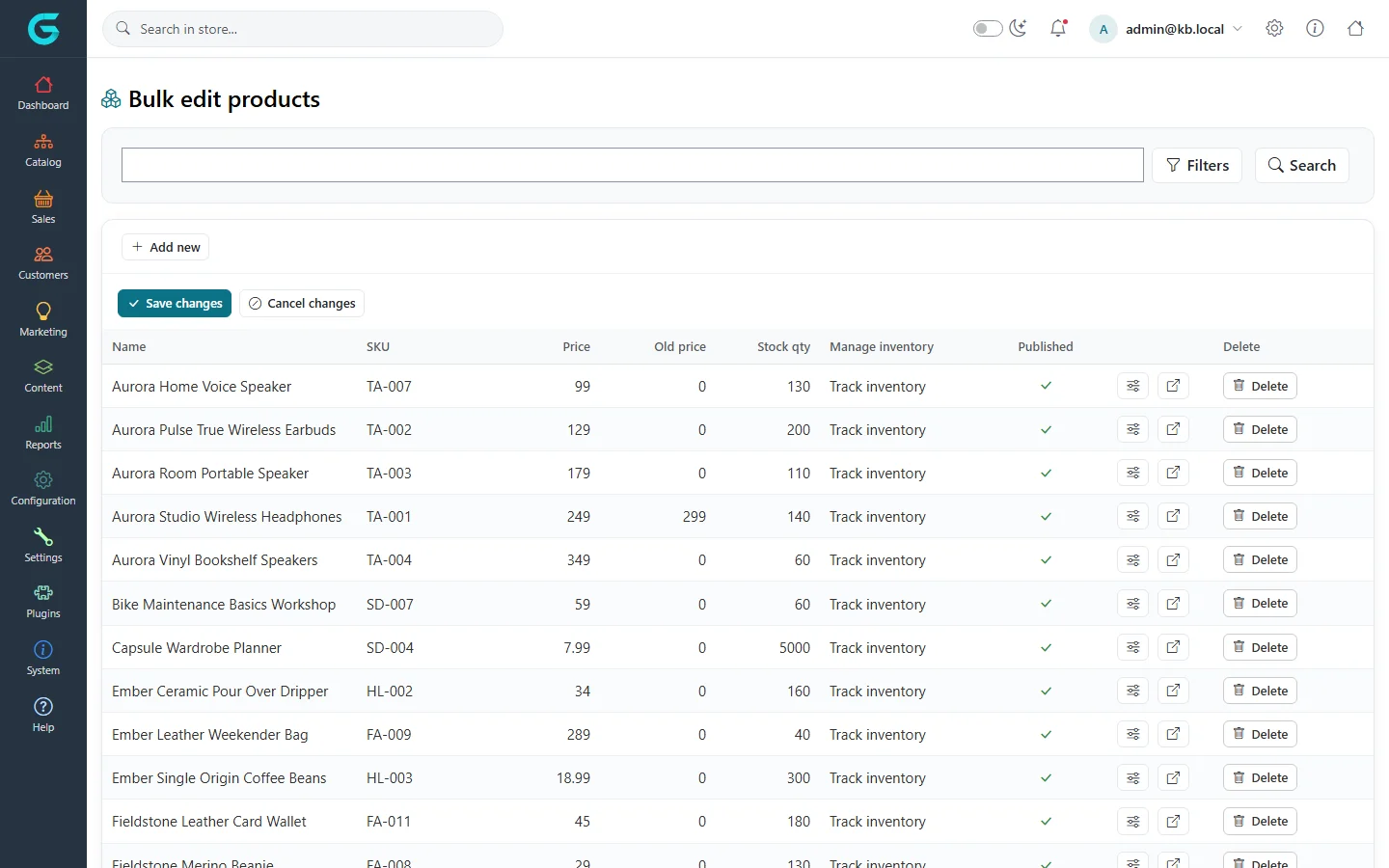 The Bulk edit products grid with name, SKU, price, old price, stock quantity, manage inventory and published columns, and Save changes and Cancel changes buttons