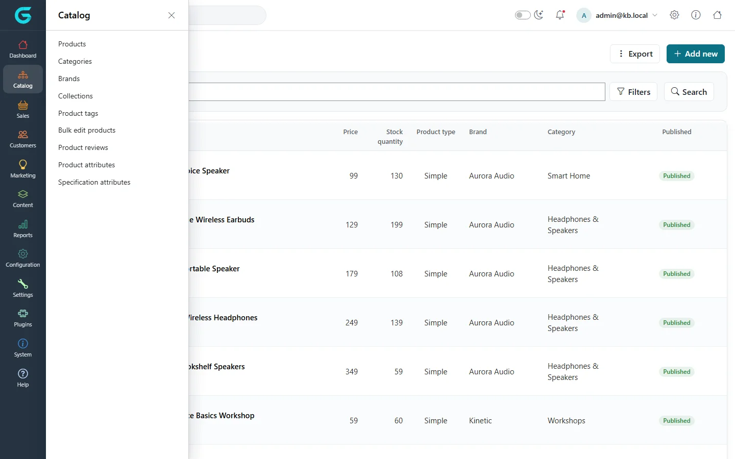 The Catalog flyout in the admin sidebar listing Products, Categories, Brands, Collections, Product tags, Bulk edit products, Product reviews, Product attributes and Specification attributes