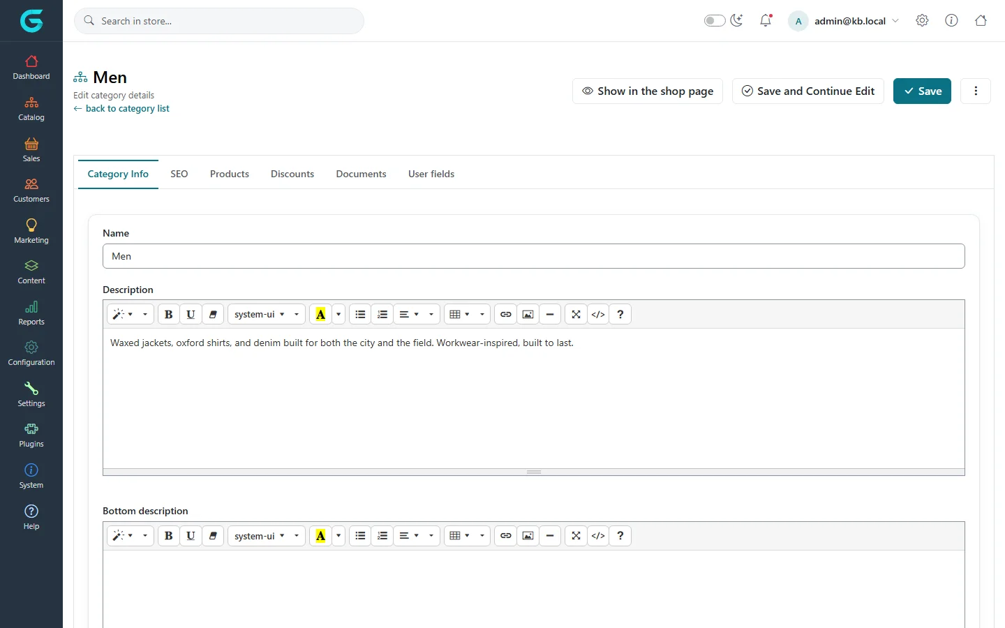 Editing the category Men: the Category Info tab with name, description and bottom description editors, and tabs SEO, Products, Discounts, Documents and User fields