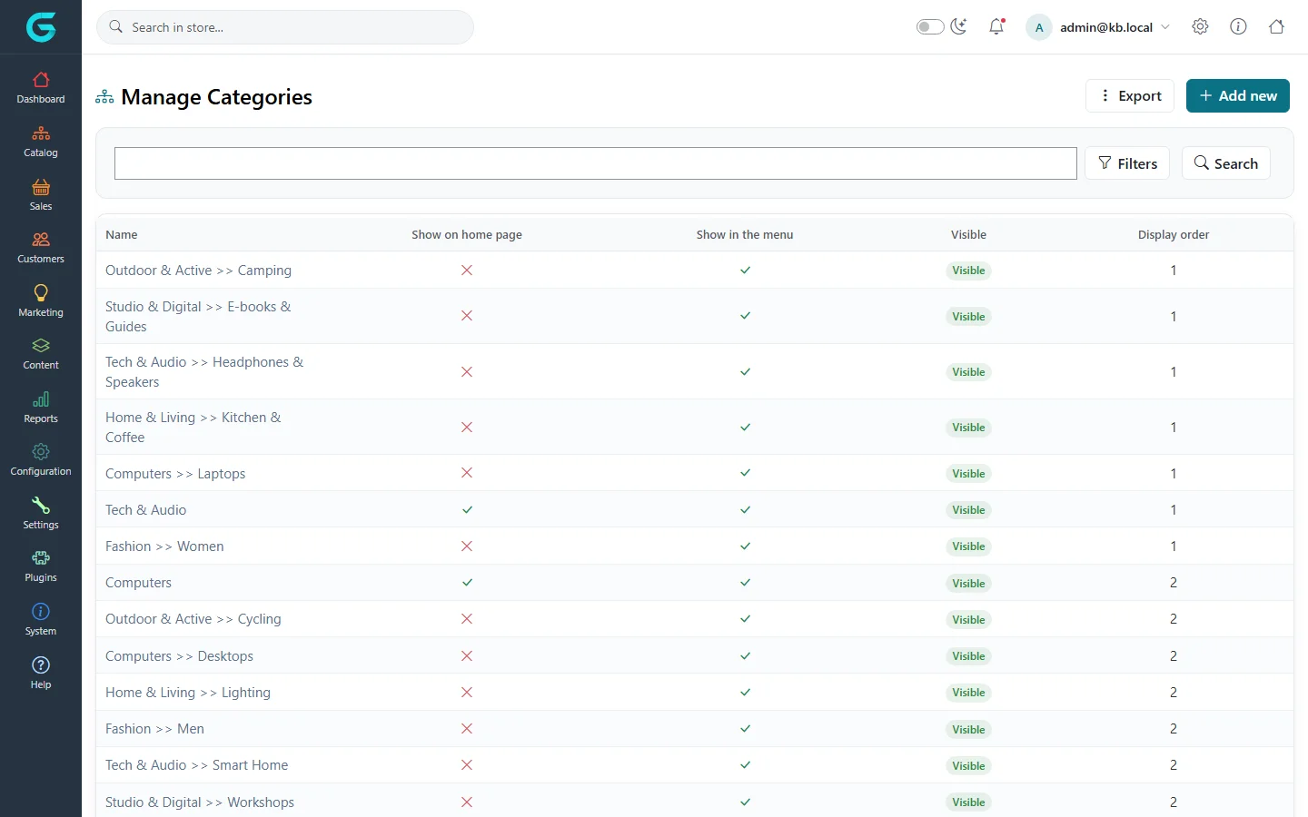 The Manage Categories list with category paths such as Tech & Audio >> Headphones & Speakers, columns for home page, menu, visibility and display order, and Export and Add new buttons