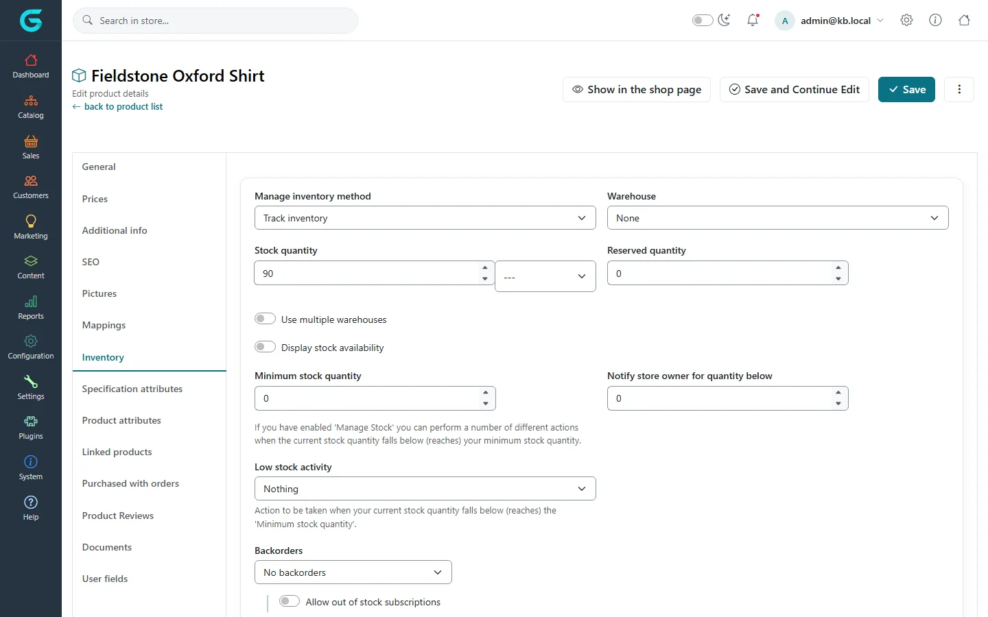 The Inventory tab with manage inventory method Track inventory, warehouse, stock quantity 90, reserved quantity, minimum stock quantity, notify store owner, low stock activity and backorders
