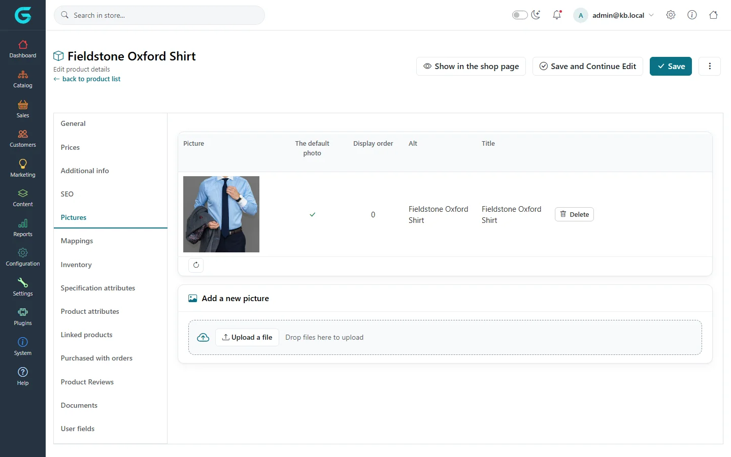 The Pictures tab of Fieldstone Oxford Shirt with one picture marked as the default photo, its display order, alt and title, and an upload area below
