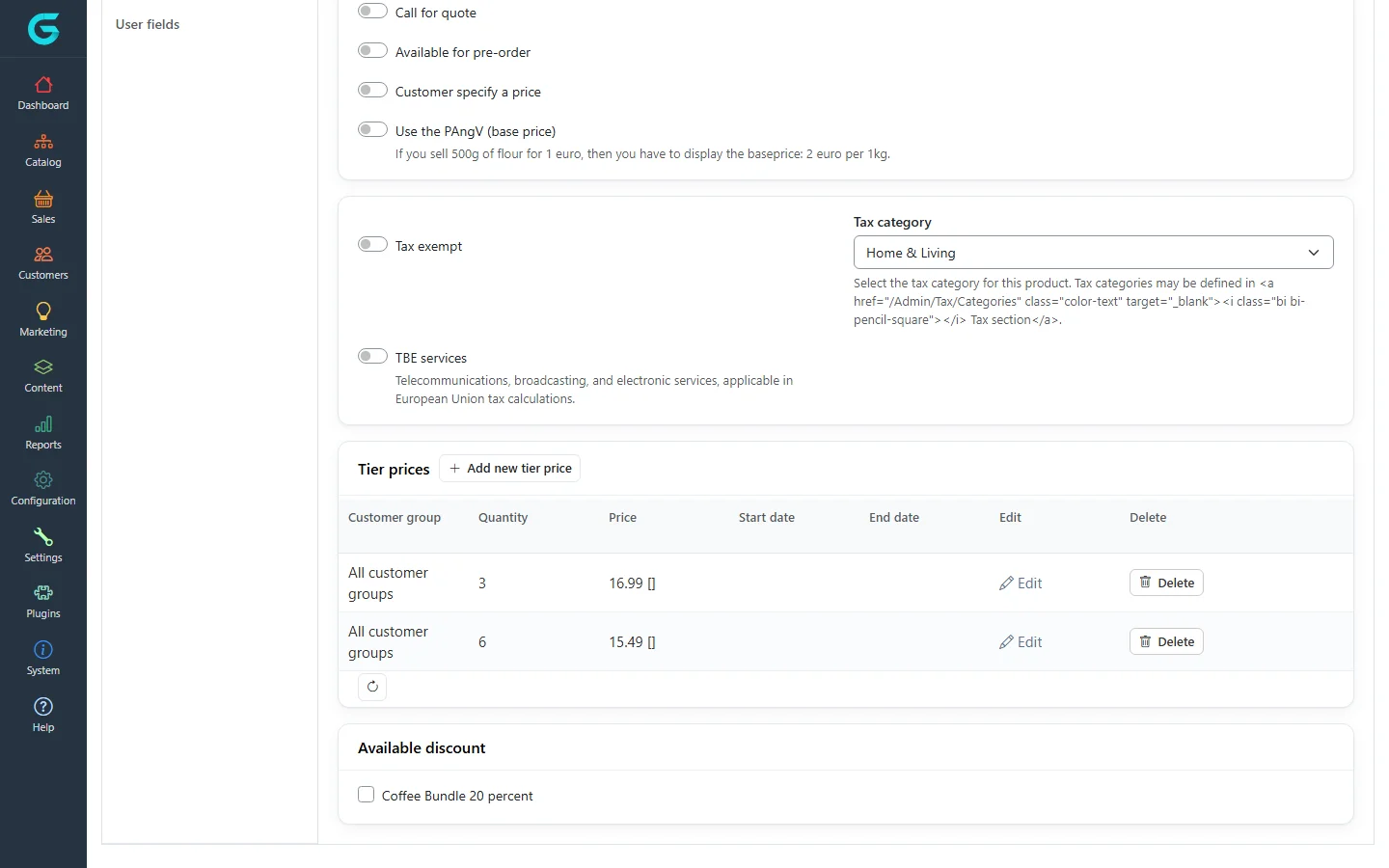 The lower part of the Prices tab with tax settings, a tier prices grid with prices for 3 and 6 units, and the Available discount list