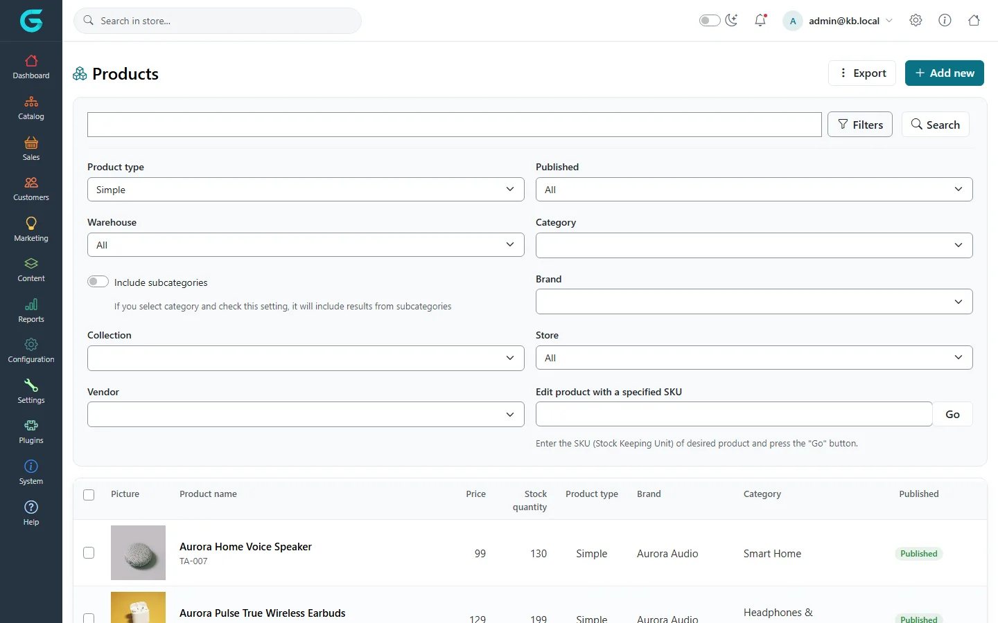 The product list with the Filters panel open showing product type, published, warehouse, category, brand, collection, store, vendor and SKU fields