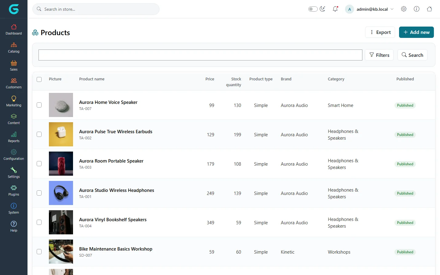 The Products list in the admin panel with pictures, names, SKUs, prices, stock, type, brand, category and published status