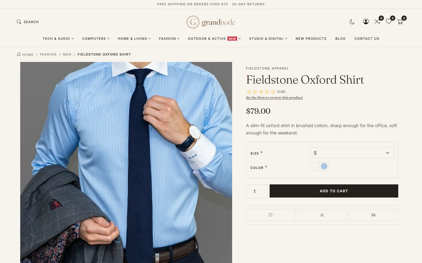 The Fieldstone Oxford Shirt product page with a required Size drop-down and Color squares next to the Add to cart button