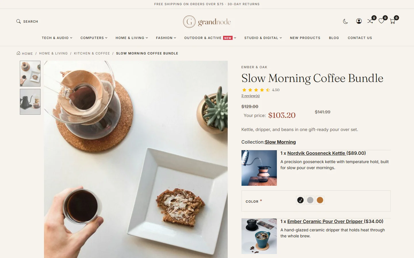 The Slow Morning Coffee Bundle product page listing the kettle and the pour-over dripper it contains, each with its quantity, price and colour choice