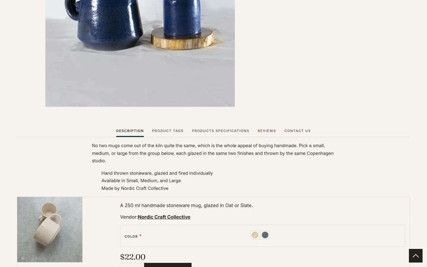The Stoneware Mug Set page on the storefront, with a variant row showing a picture, description, color choice and price of 22 dollars