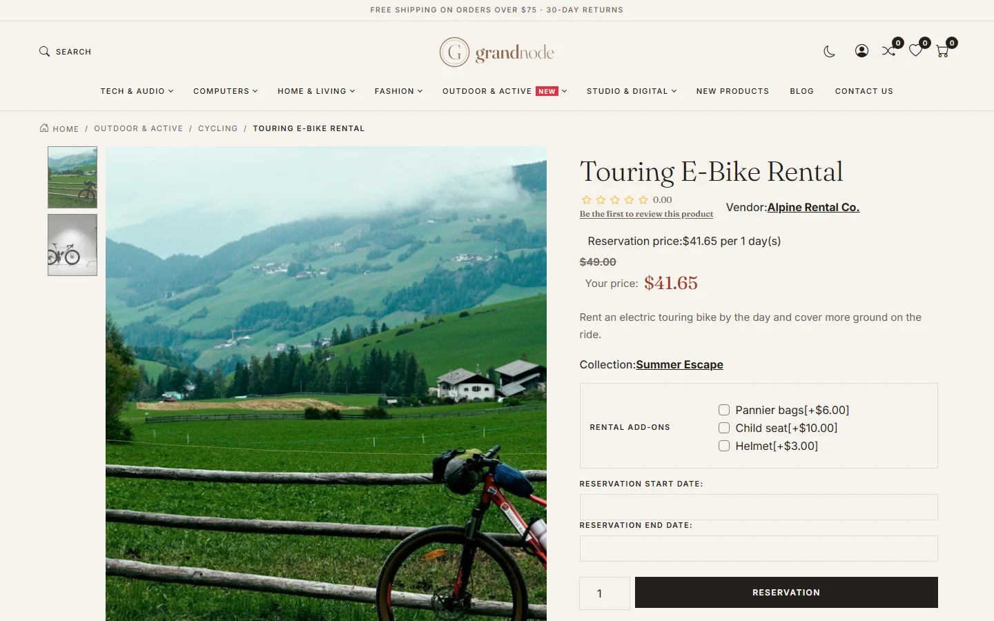 The Touring E-Bike Rental product page with price per day, rental add-on checkboxes, reservation start and end date fields and a Reservation button