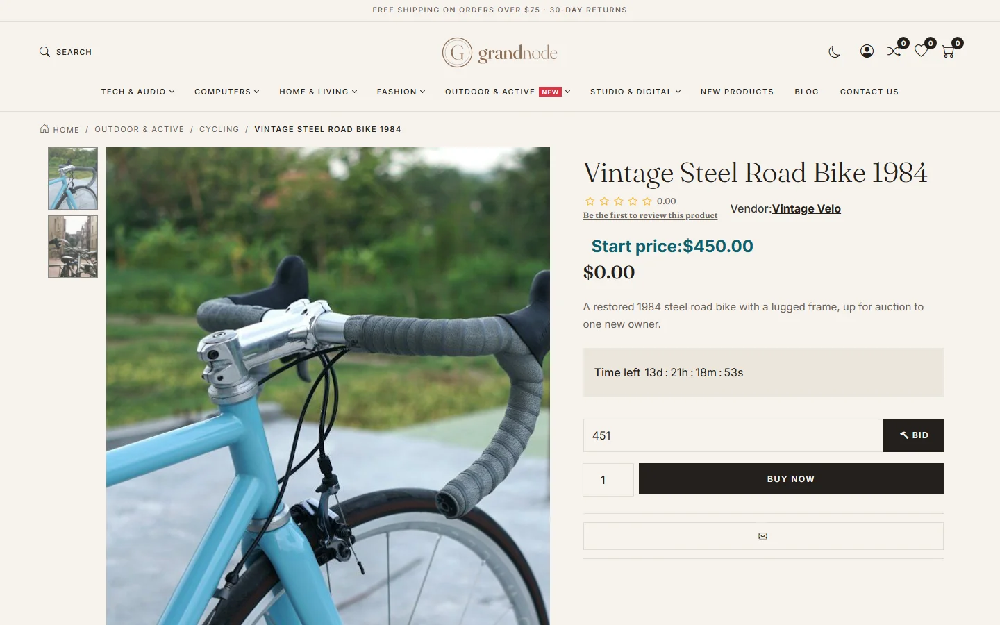 The Vintage Steel Road Bike 1984 auction page with start price, time left, a bid field and a Buy now button