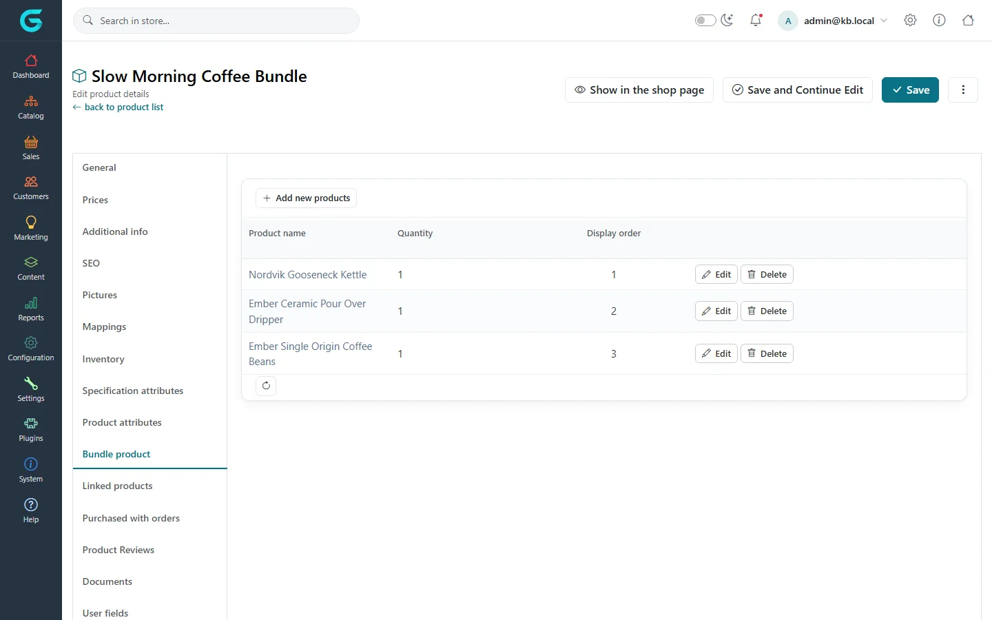 The Bundle product tab of Slow Morning Coffee Bundle listing the kettle, dripper and coffee beans with quantity and display order