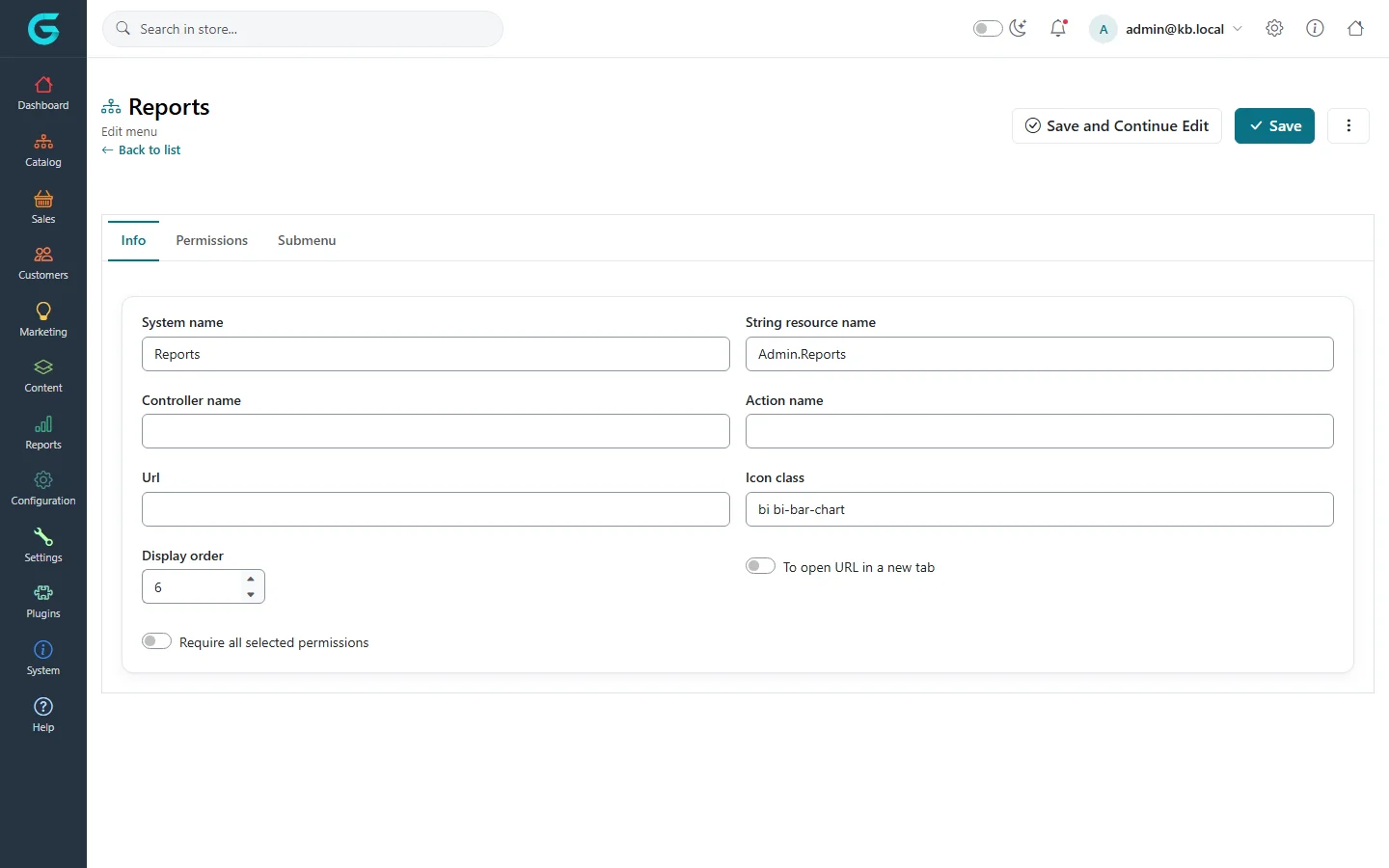 Editing the Reports menu item: system name, string resource name Admin.Reports, controller name, action name, URL, icon class bi bi-bar-chart, display order, open in new tab, require all permissions, and tabs Permissions and Submenu