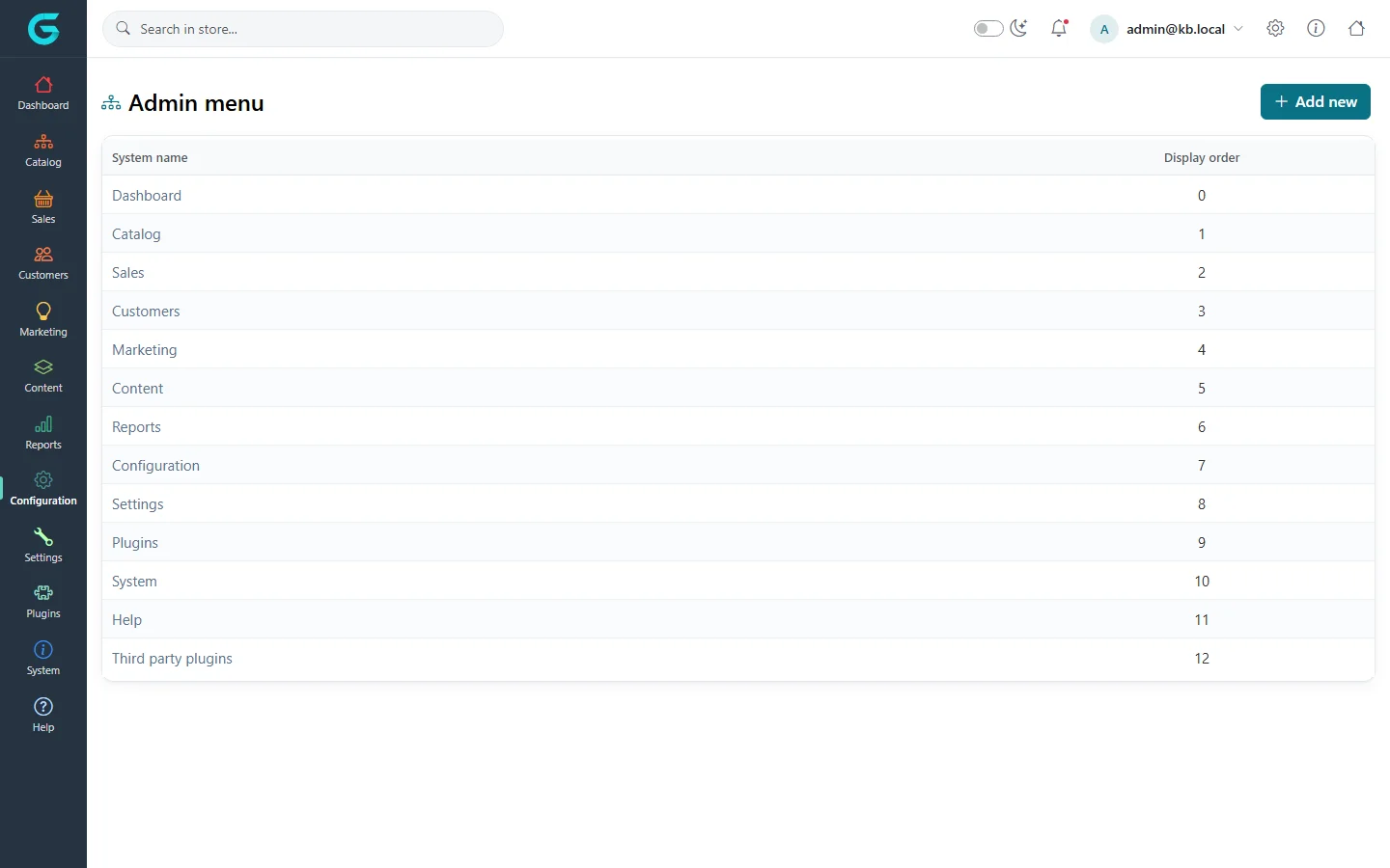 The Admin menu list: Dashboard, Catalog, Sales, Customers, Marketing, Content, Reports, Configuration, Settings, Plugins, System, Help and Third party plugins with display order