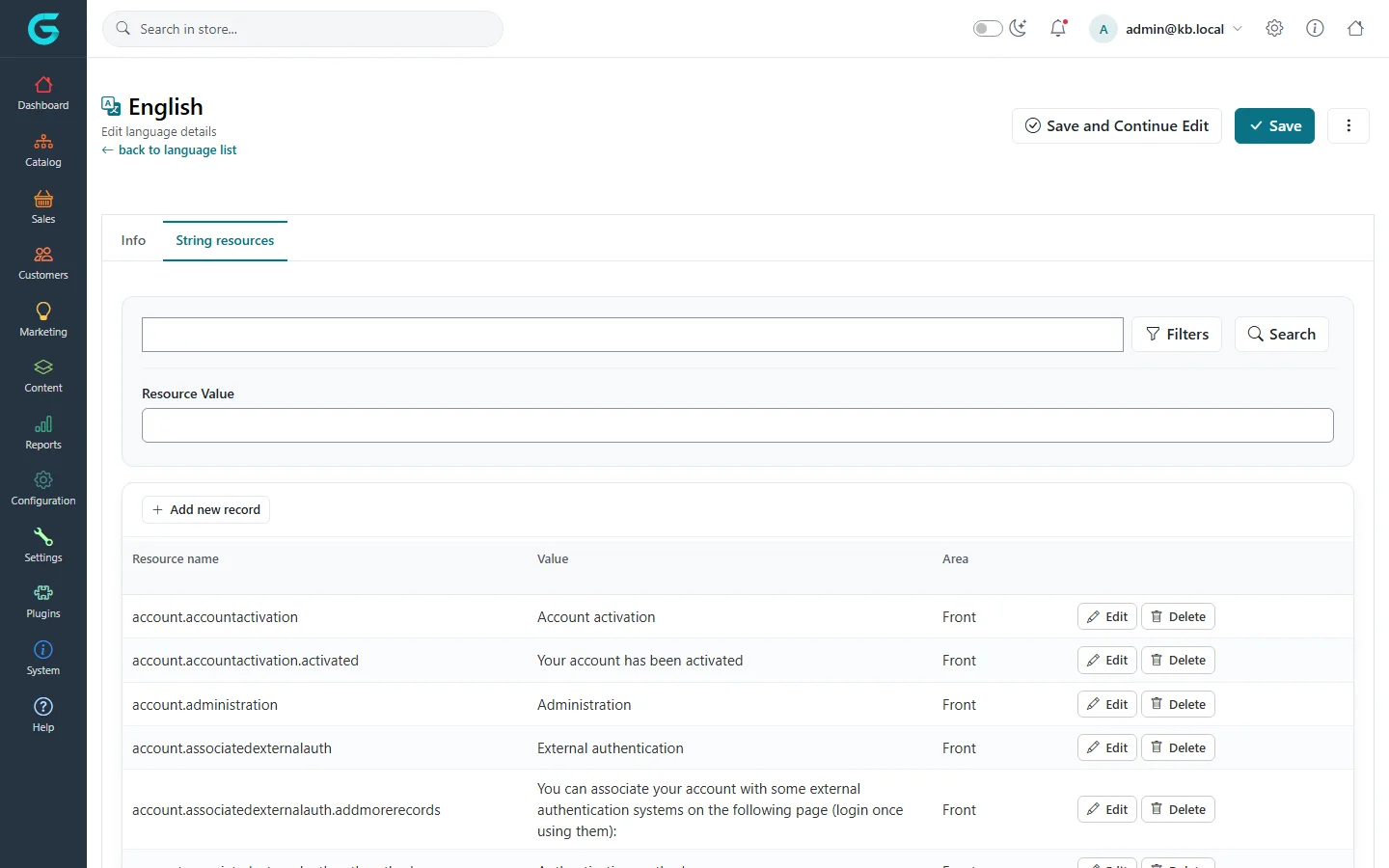 The String resources tab of English with a search, resource names such as account.accountactivation and their values with Edit and Delete buttons
