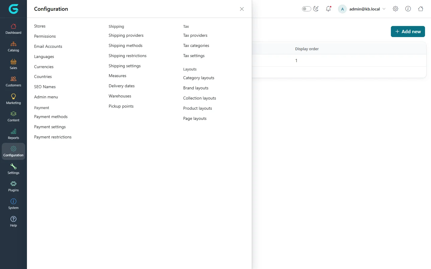 The Configuration menu of the admin panel opened as a flyout with Stores, Languages, Currencies, Payment, Shipping, Tax and Layouts