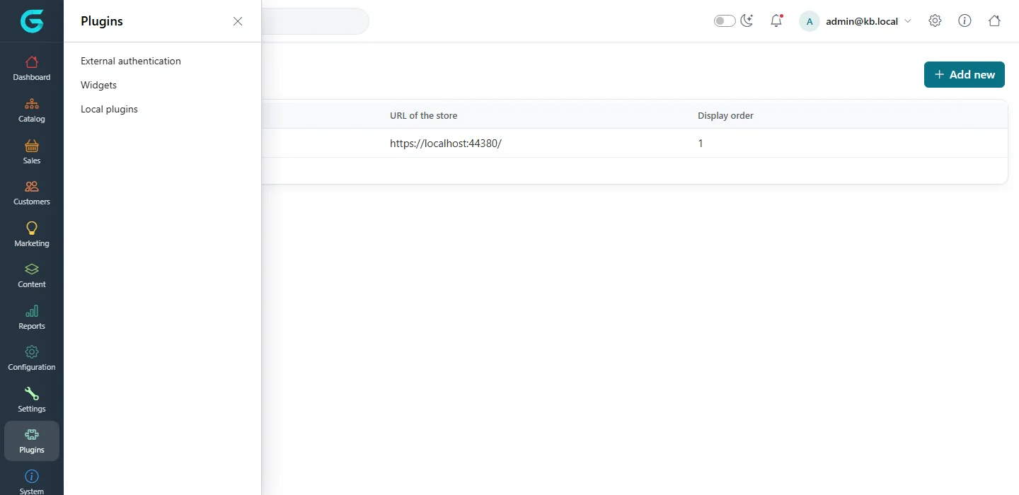 The Plugins flyout in the admin sidebar with External authentication, Widgets and Local plugins