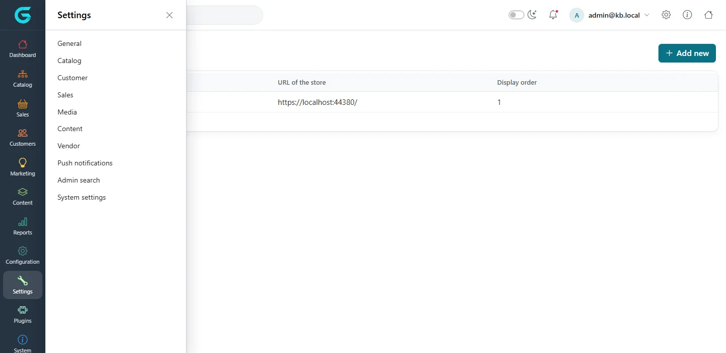 The Settings menu of the admin panel listing General, Catalog, Customer, Sales, Media, Content, Vendor, Push notifications, Admin search and System settings