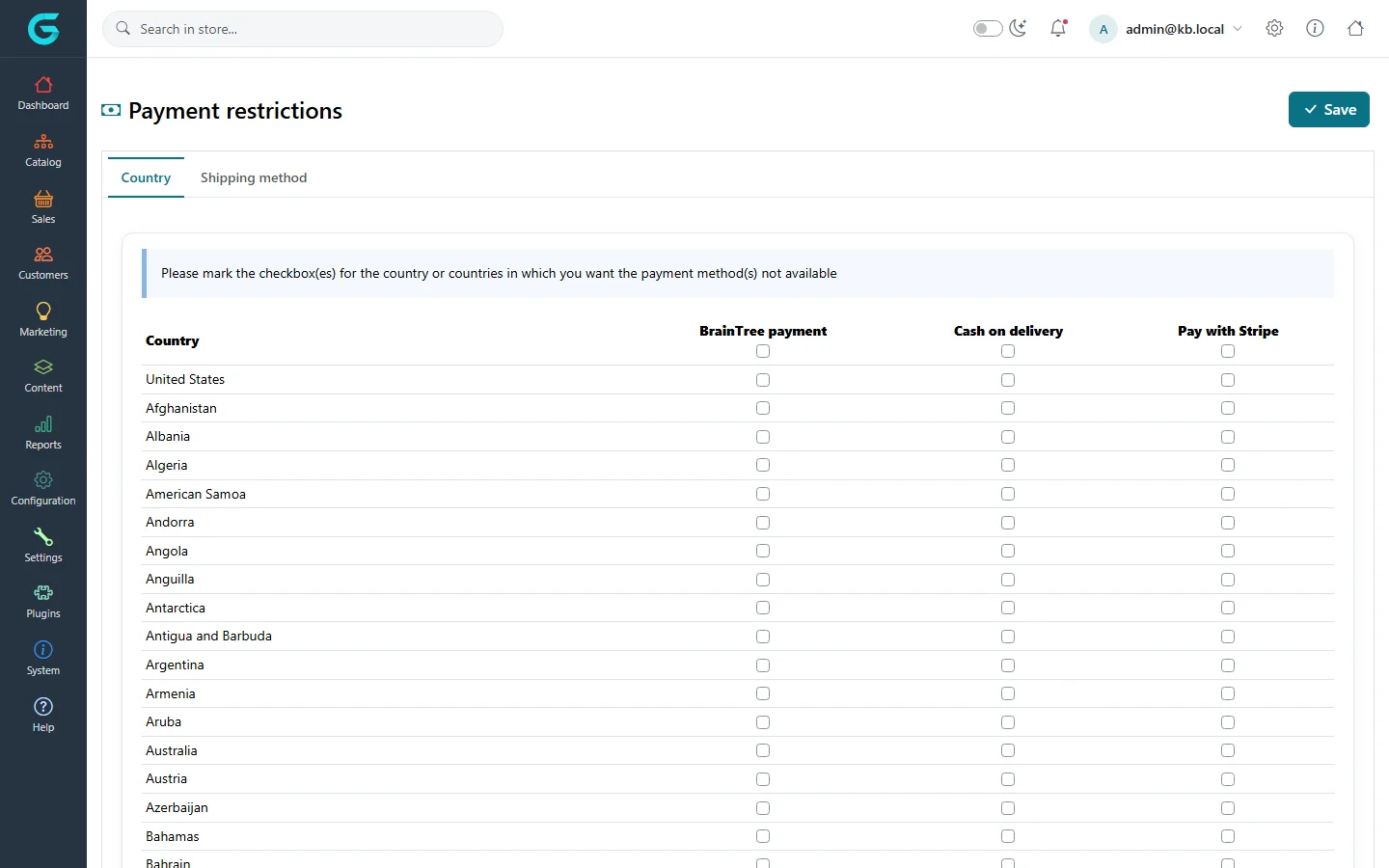 Payment method restrictions, Country tab: a grid of countries with a checkbox per payment method