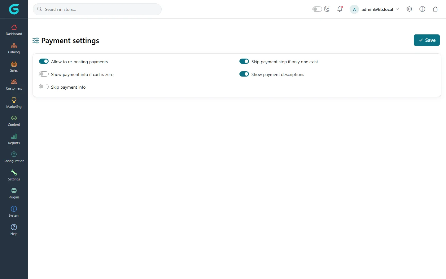 Payment settings: allow re-posting payments, show payment info if cart is zero, skip payment info, skip payment step if only one exists, show payment descriptions