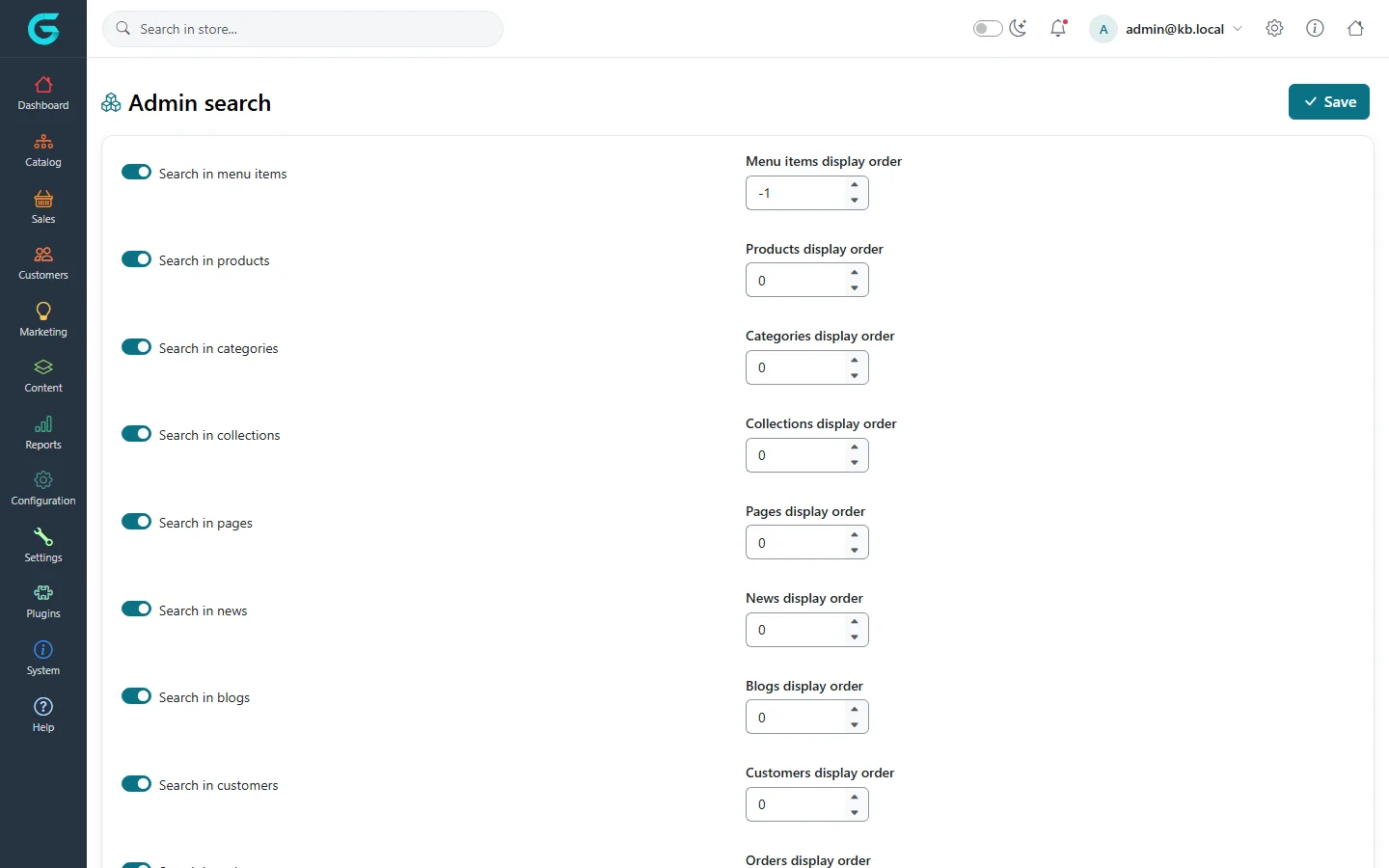 Admin search settings with switches to search in menu items, products, categories, collections, pages, news, blogs and customers, each with a display order