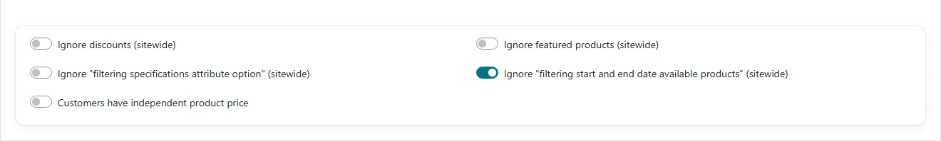 The Performance tab of catalog settings with the Ignore discounts, Ignore featured products, Ignore filtering and Customers have independent product price switches