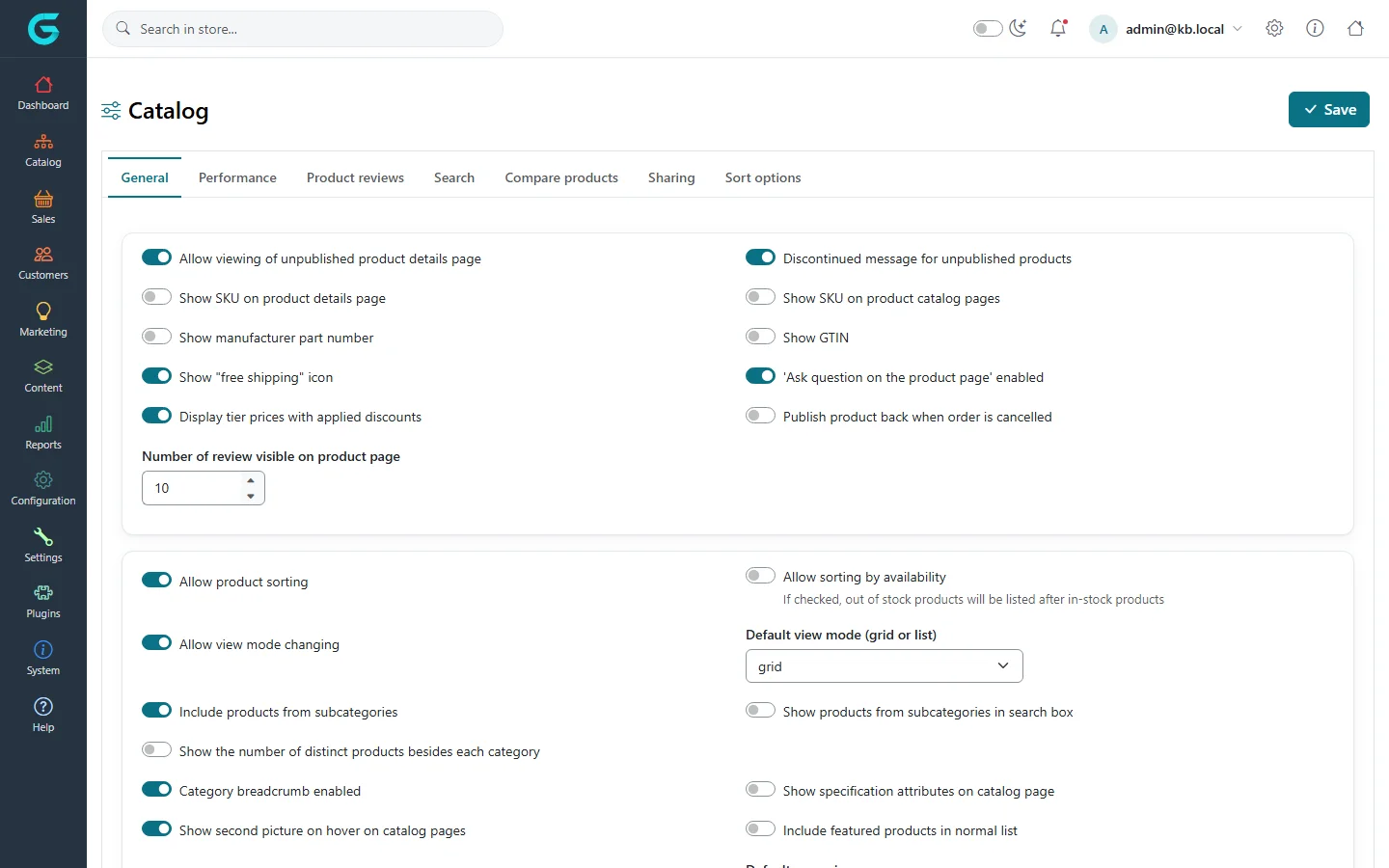 The Catalog settings page with the tabs General, Performance, Product reviews, Search, Compare products, Sharing and Sort options