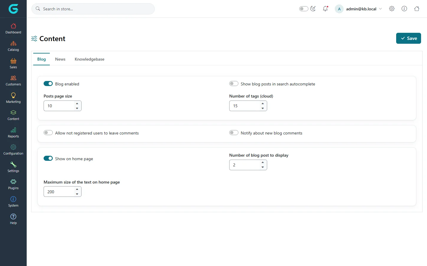 The Content settings page with Blog, News and Knowledgebase tabs; the Blog tab shows Blog enabled, posts page size and home page options