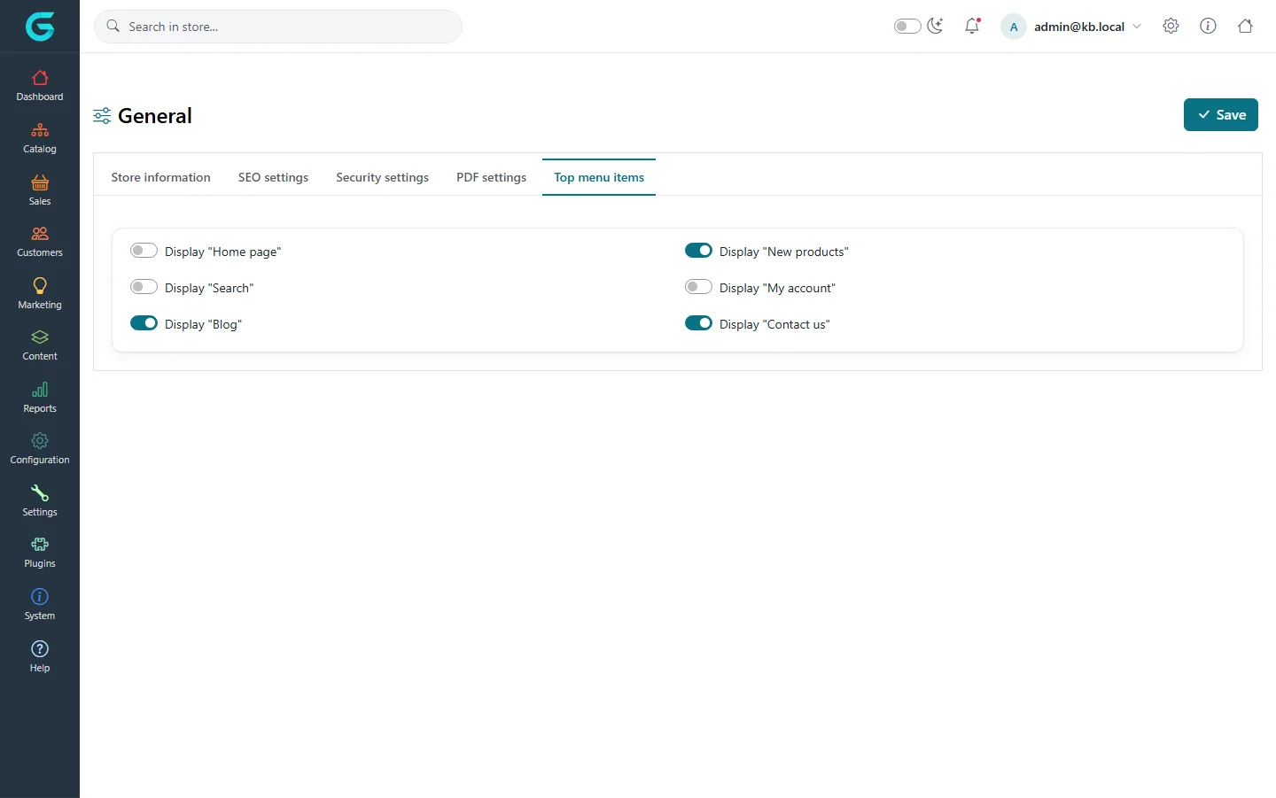 The Top menu items tab with switches for Home page, New products, Search, My account, Blog and Contact us