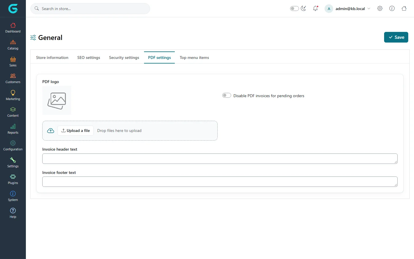 The PDF settings tab with PDF logo upload, disable PDF invoices for pending orders, invoice header and footer text