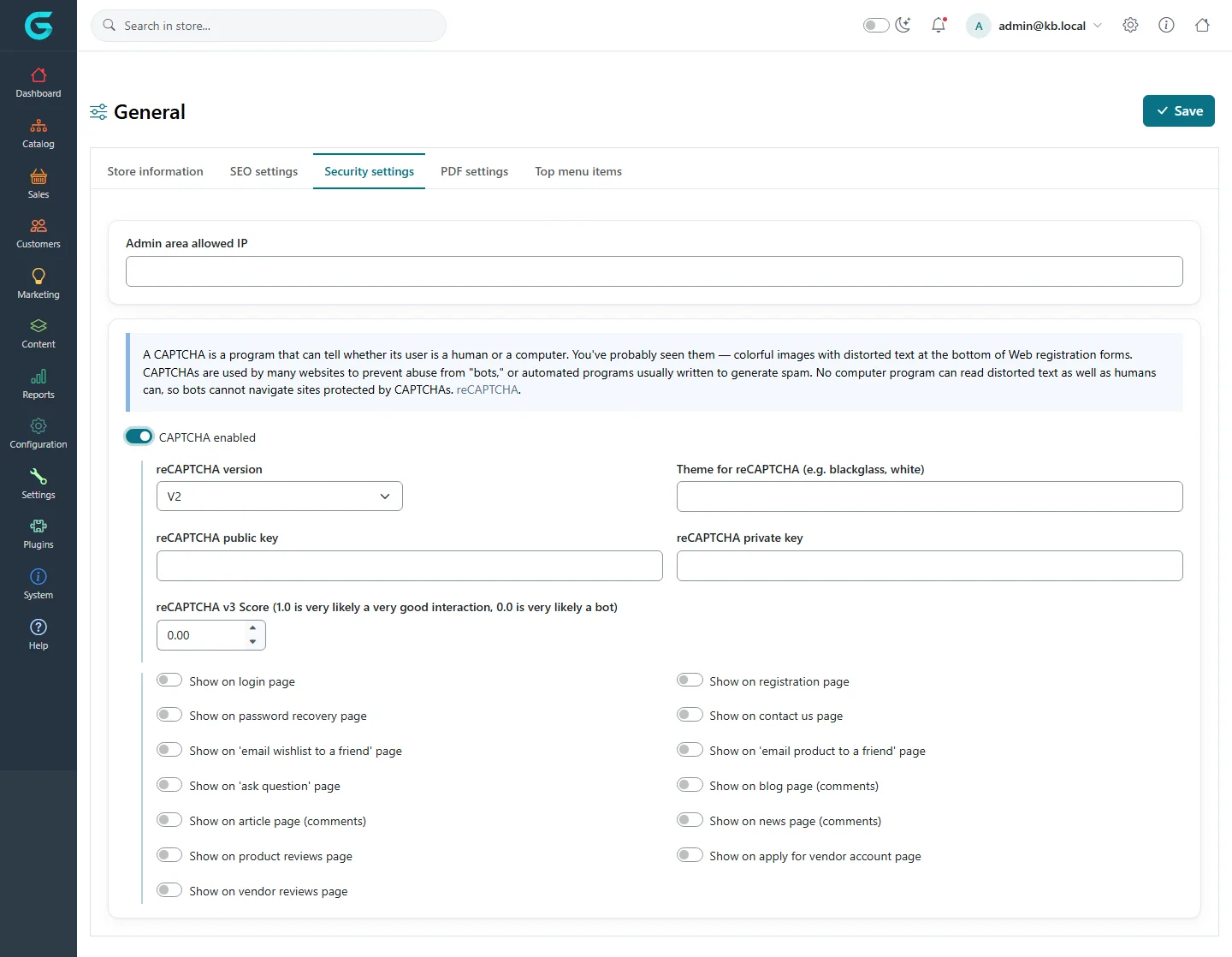 The Security settings tab with the admin area allowed IP field, CAPTCHA enabled, reCAPTCHA version, keys, score and the pages where CAPTCHA is shown