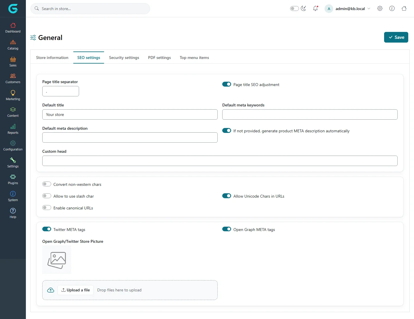 The SEO settings tab with page title separator, default title, meta keywords and description, custom head, URL character options and Open Graph settings