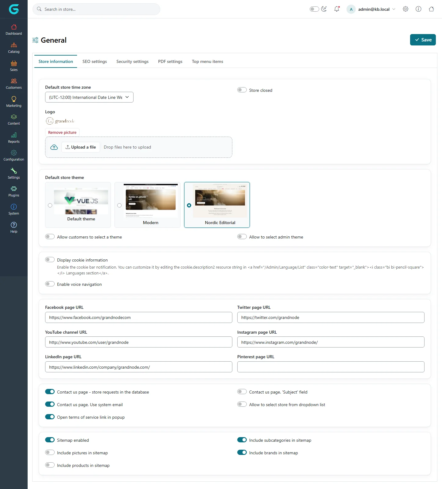 The Store information tab of the General settings page with time zone, logo, store closed, theme cards, social links, contact us and sitemap switches