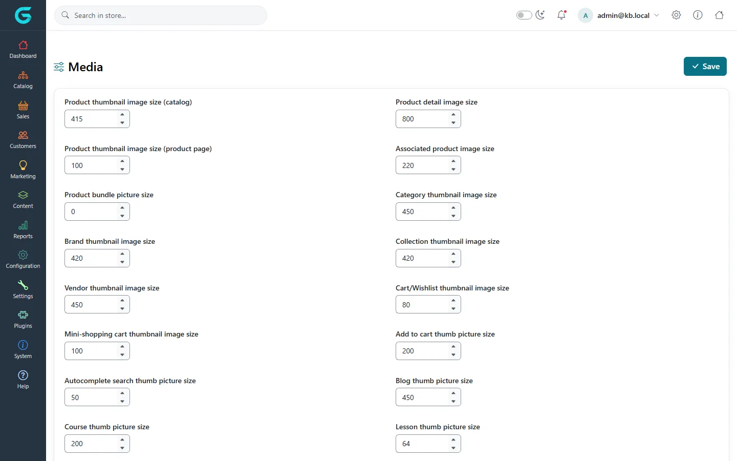 The Media settings page with product thumbnail, product detail, category, brand, collection, vendor and cart image sizes