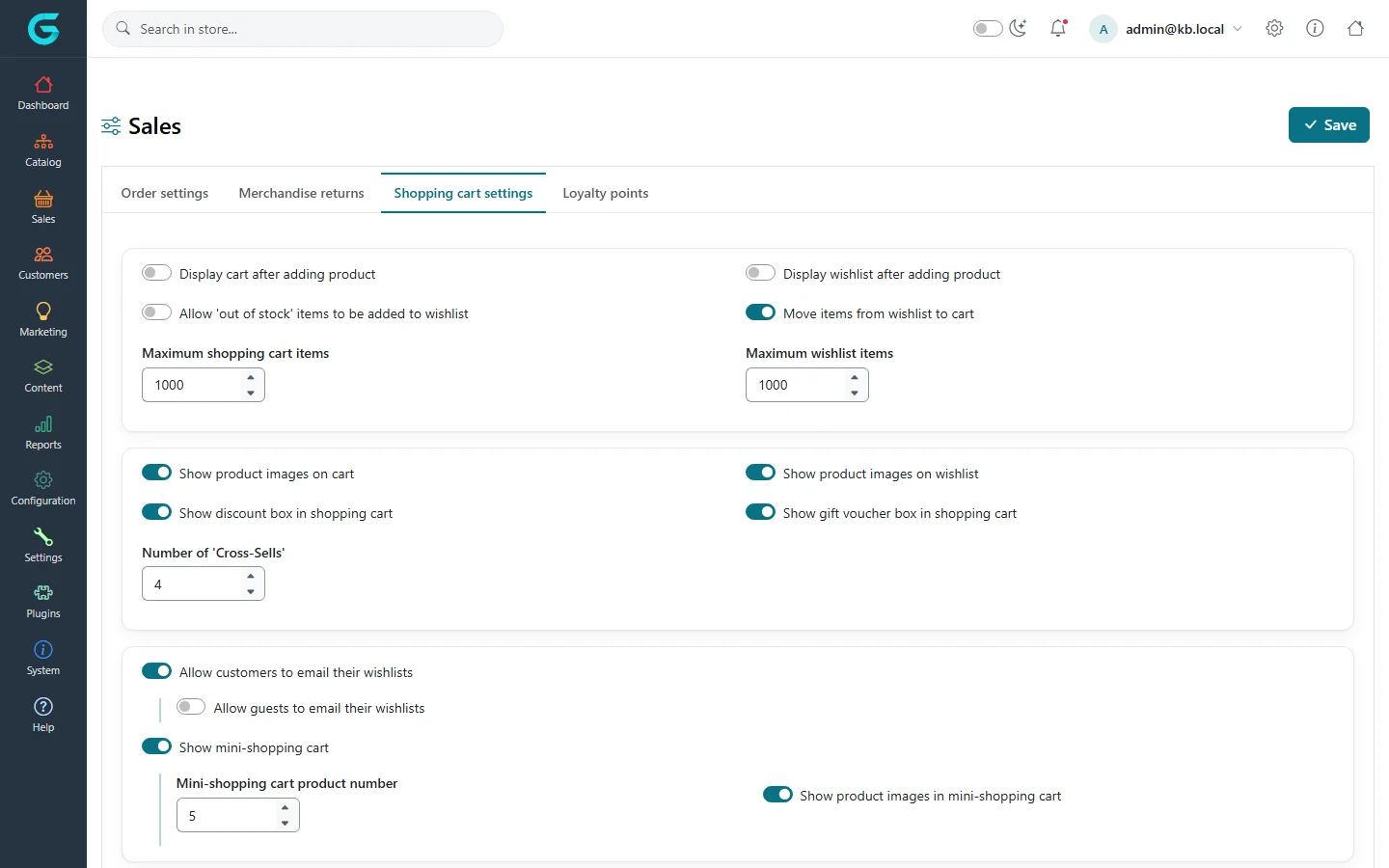 The Shopping cart settings tab with display cart after adding product, maximum items, discount and gift voucher boxes, cross-sells, wishlist email and mini shopping cart options