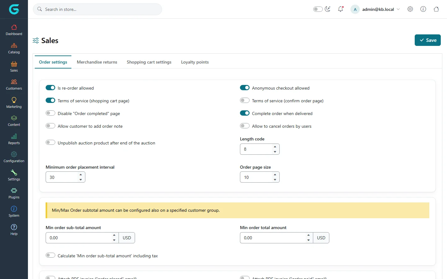 The Order settings tab of Sales settings with re-order, anonymous checkout, terms of service, order note, cancel orders and minimum order amounts