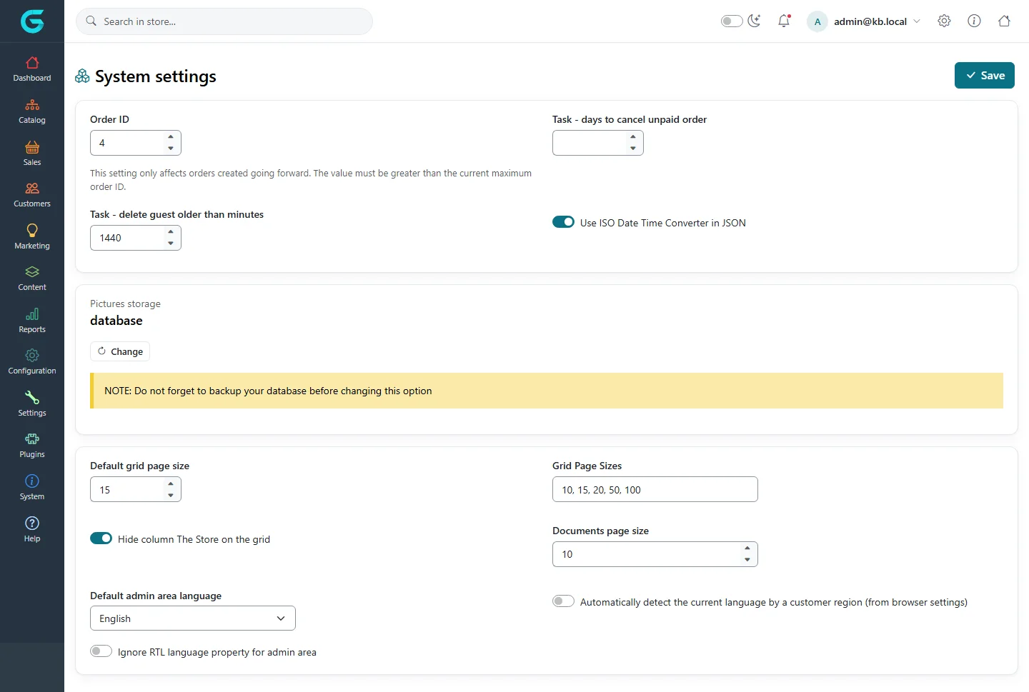 System settings: order ID, days to cancel unpaid orders, delete guests older than minutes, ISO date converter, picture storage in the database with a Change button, grid page sizes, admin language options