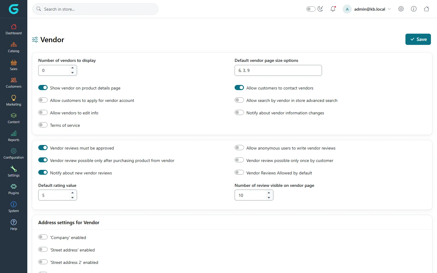 Vendor settings: vendors to display, page size options, show vendor on product page, contact vendors, apply for vendor account, vendor reviews options and address settings