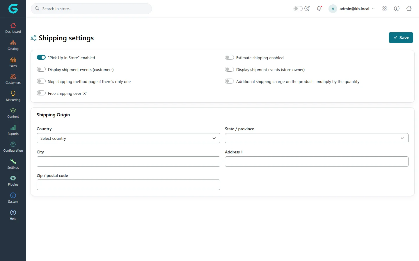 Shipping settings: pick up in store, estimate shipping, display shipment events, skip shipping method page, free shipping over X, additional shipping charge, and the shipping origin address