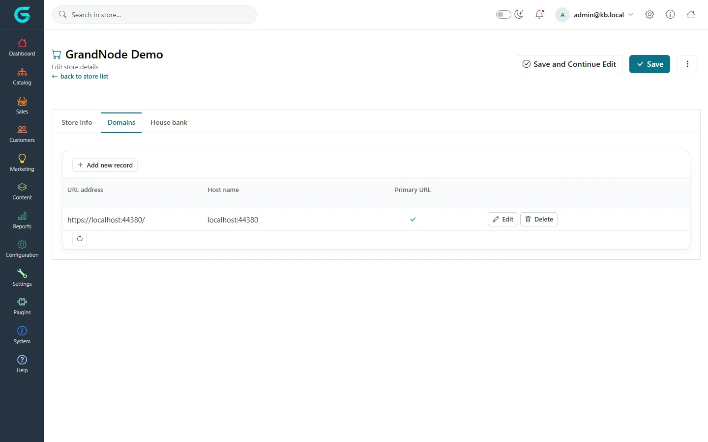 The Domains tab of the store with the URL https://localhost:44380/, host name localhost:44380 and primary flag