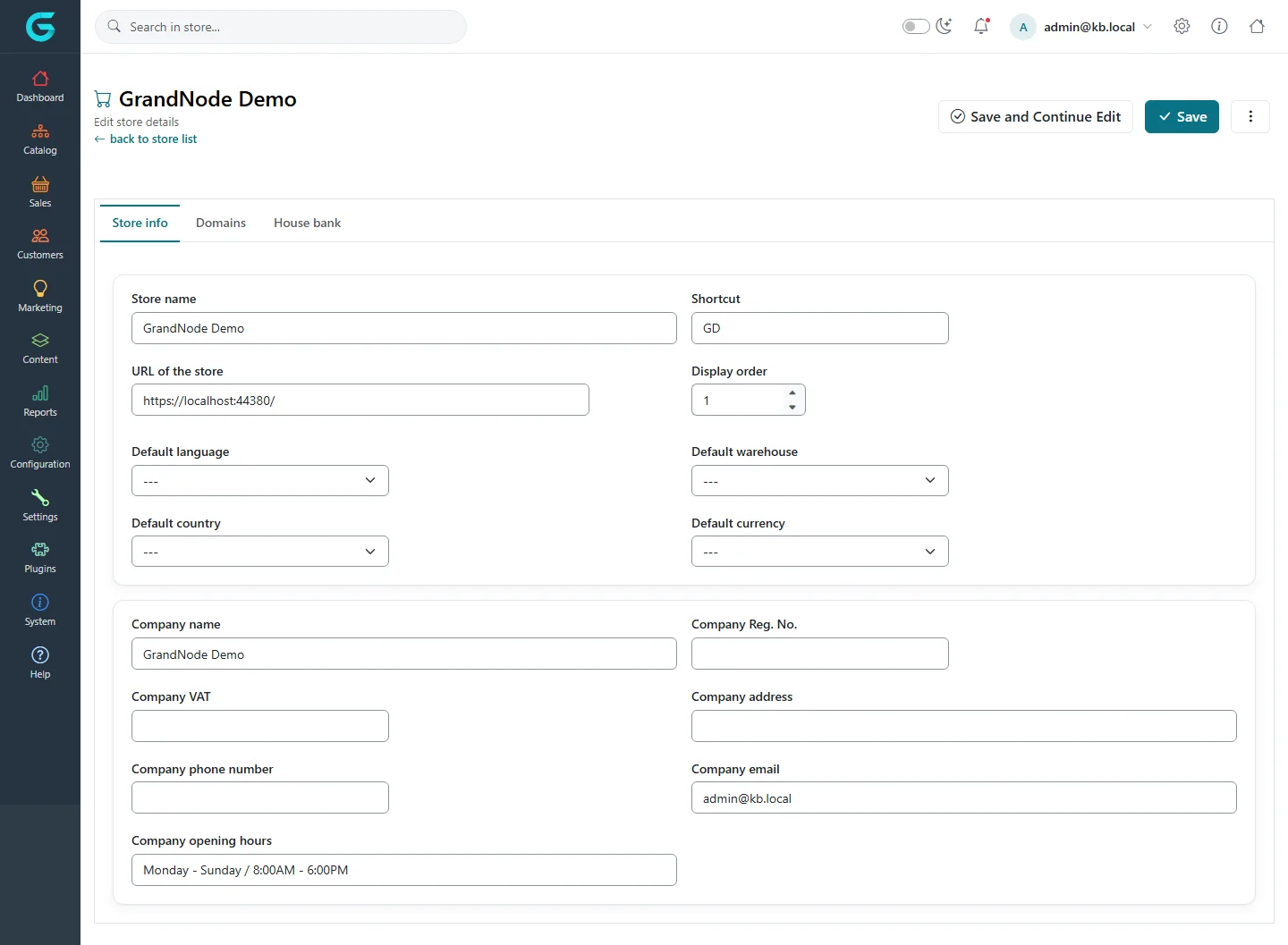 Editing the store GrandNode Demo: store name, shortcut, URL, display order, default language, warehouse, country and currency, and company details