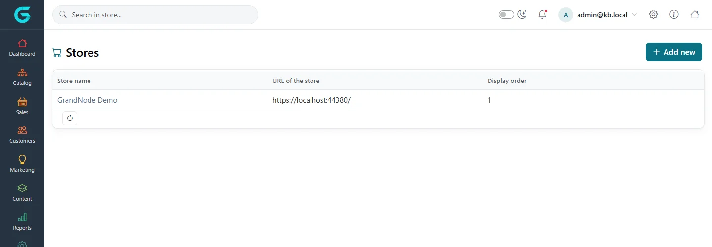 The Stores list with GrandNode Demo, its URL and display order