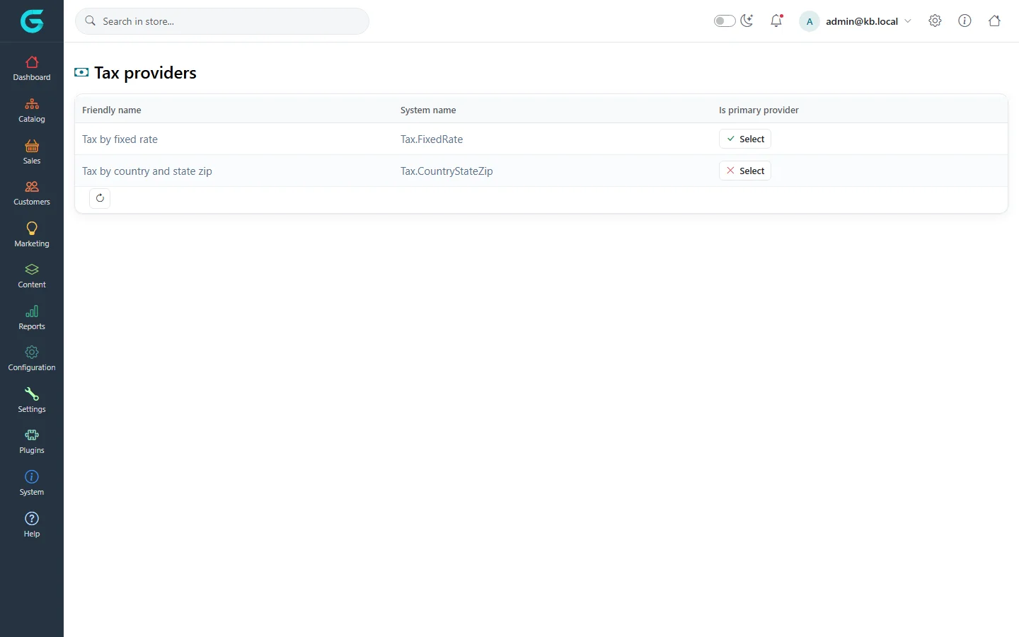 Tax providers: Tax by fixed rate and Tax by country and state (zip), with Mark as primary provider buttons