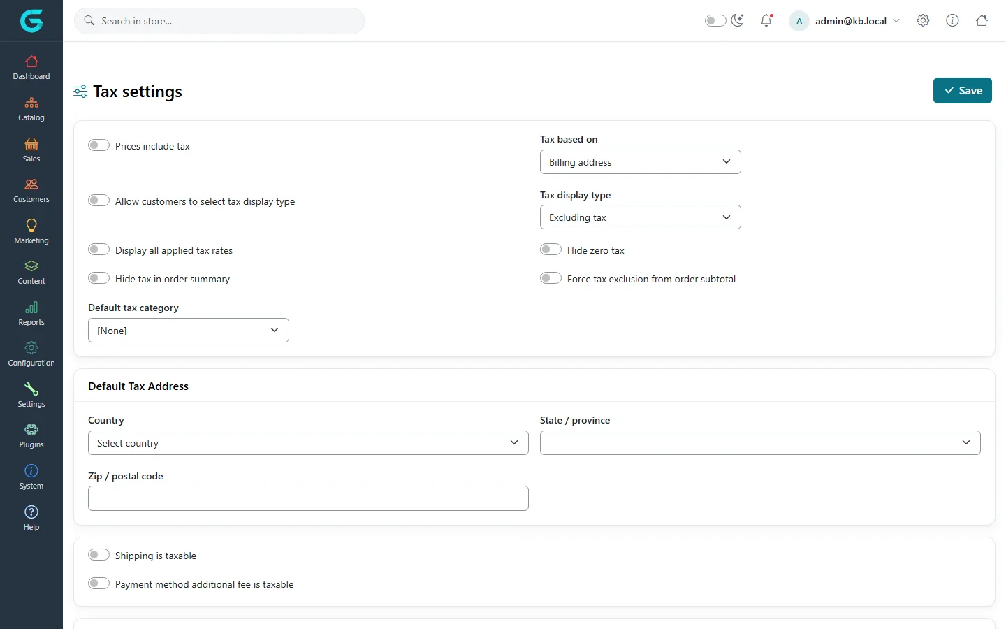 Tax settings: prices include tax, tax based on billing address, allow customers to select tax display type, tax display type excluding tax, display all applied rates, hide zero tax, default tax category, default tax address, shipping and payment fee taxable