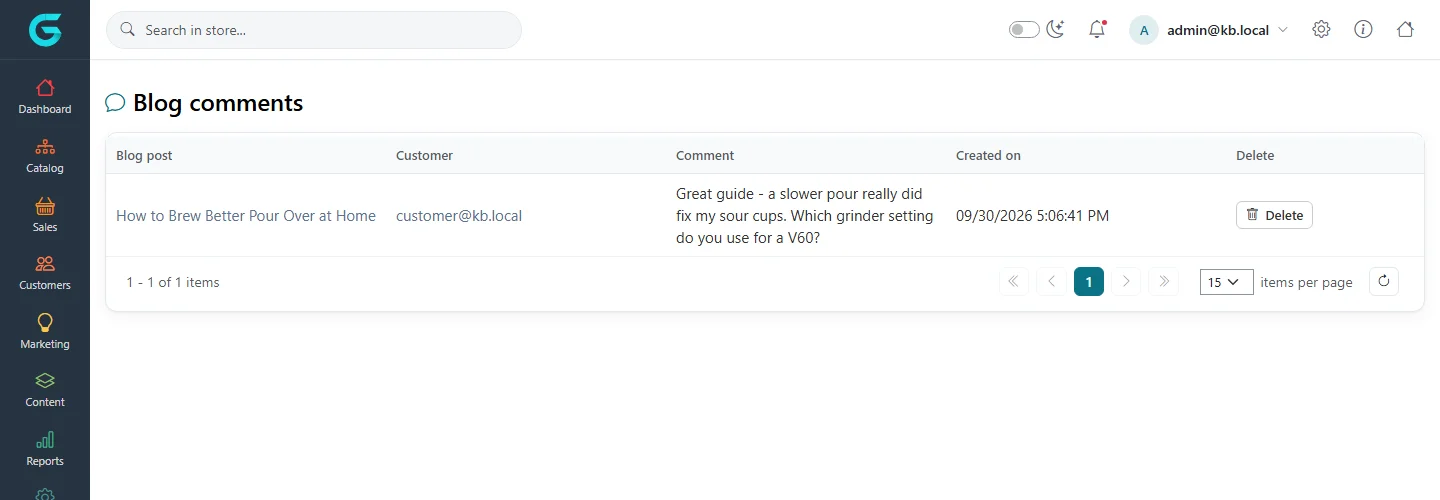 The Blog comments list with one comment by customer@kb.local on How to Brew Better Pour Over at Home