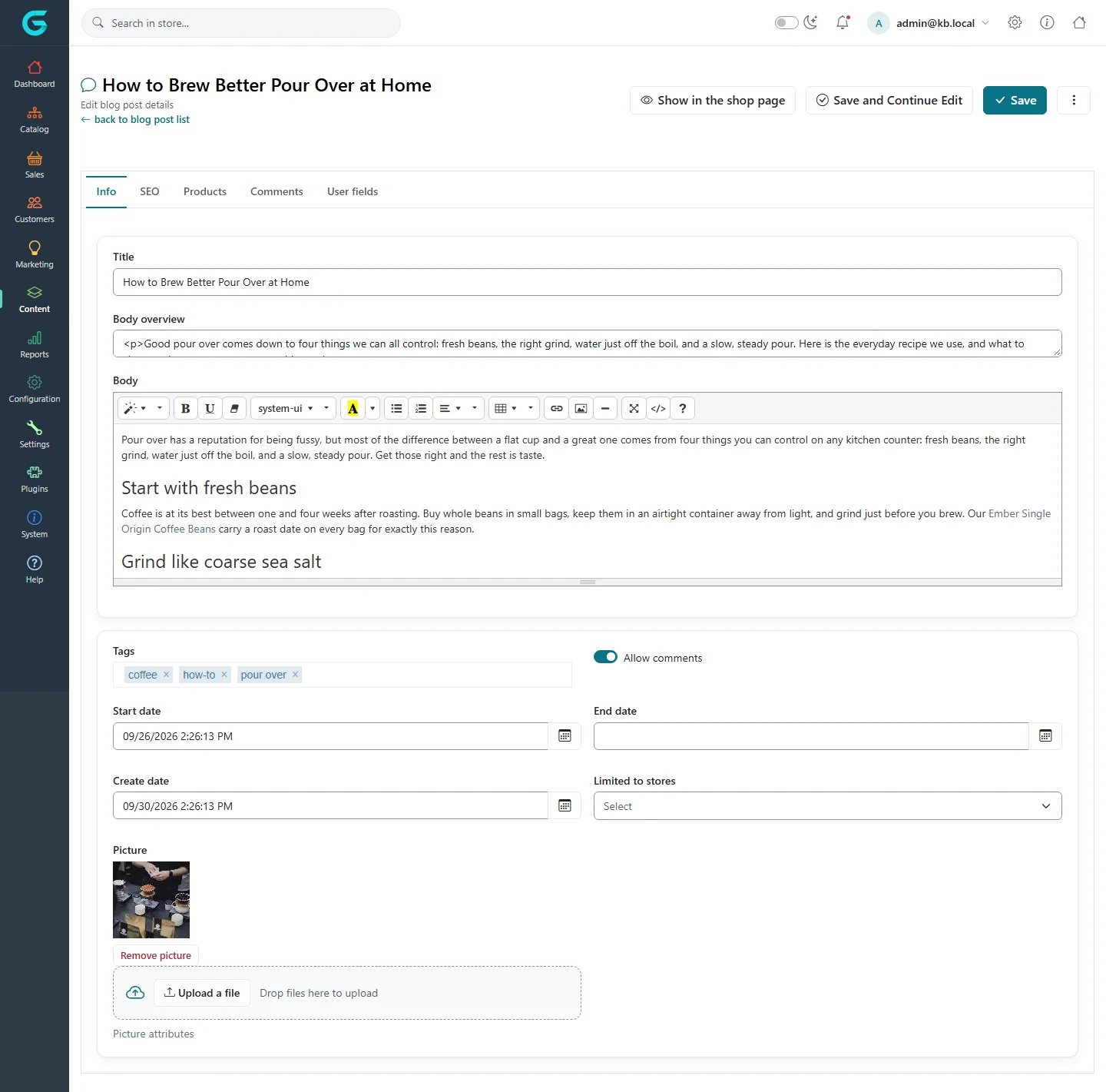 Editing the post How to Brew Better Pour Over at Home: title, body overview, body editor, tags, allow comments, dates, picture and tabs for SEO, stores and products