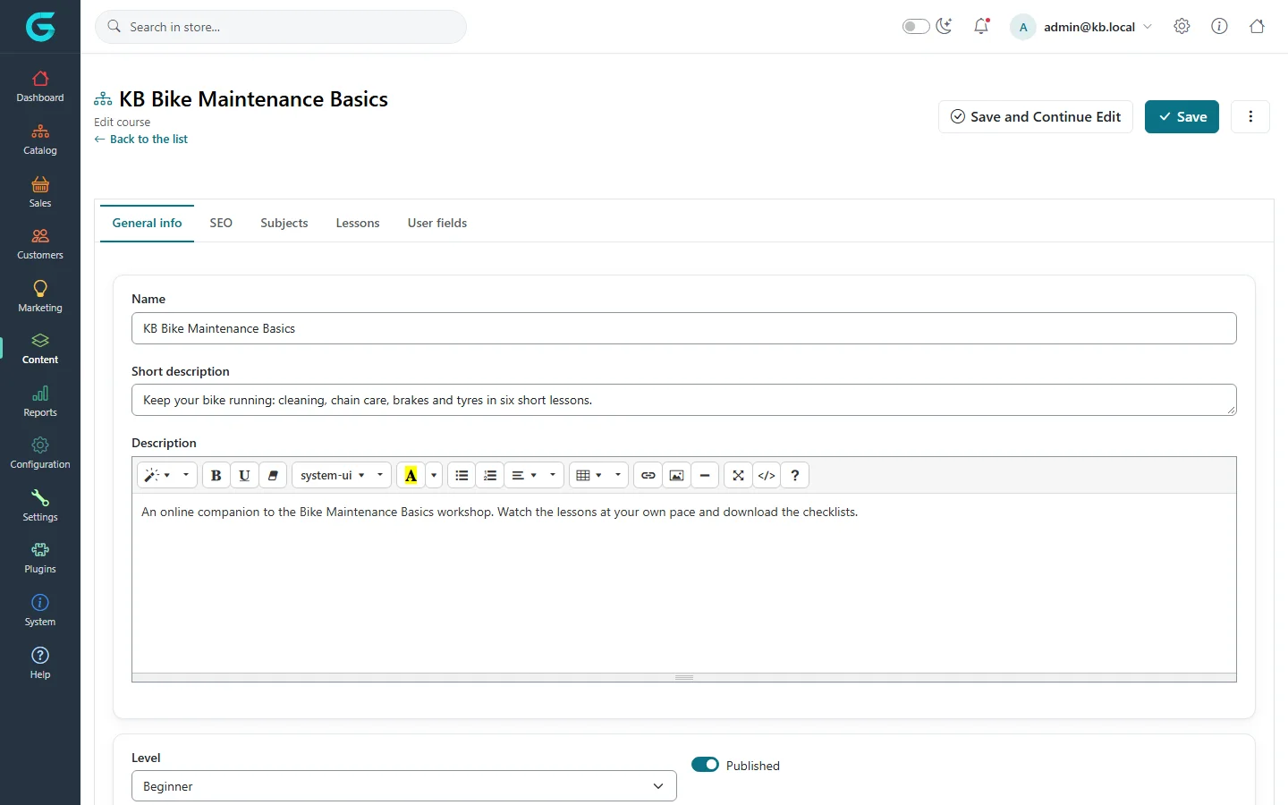 Editing KB Bike Maintenance Basics: tabs General info, SEO, Subjects, Lessons and User fields; name, short description, description editor, level Beginner and published