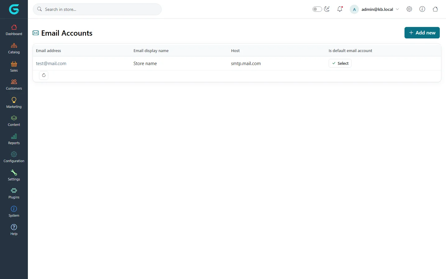 The Email Accounts list with one account, its display name, host and the default switch