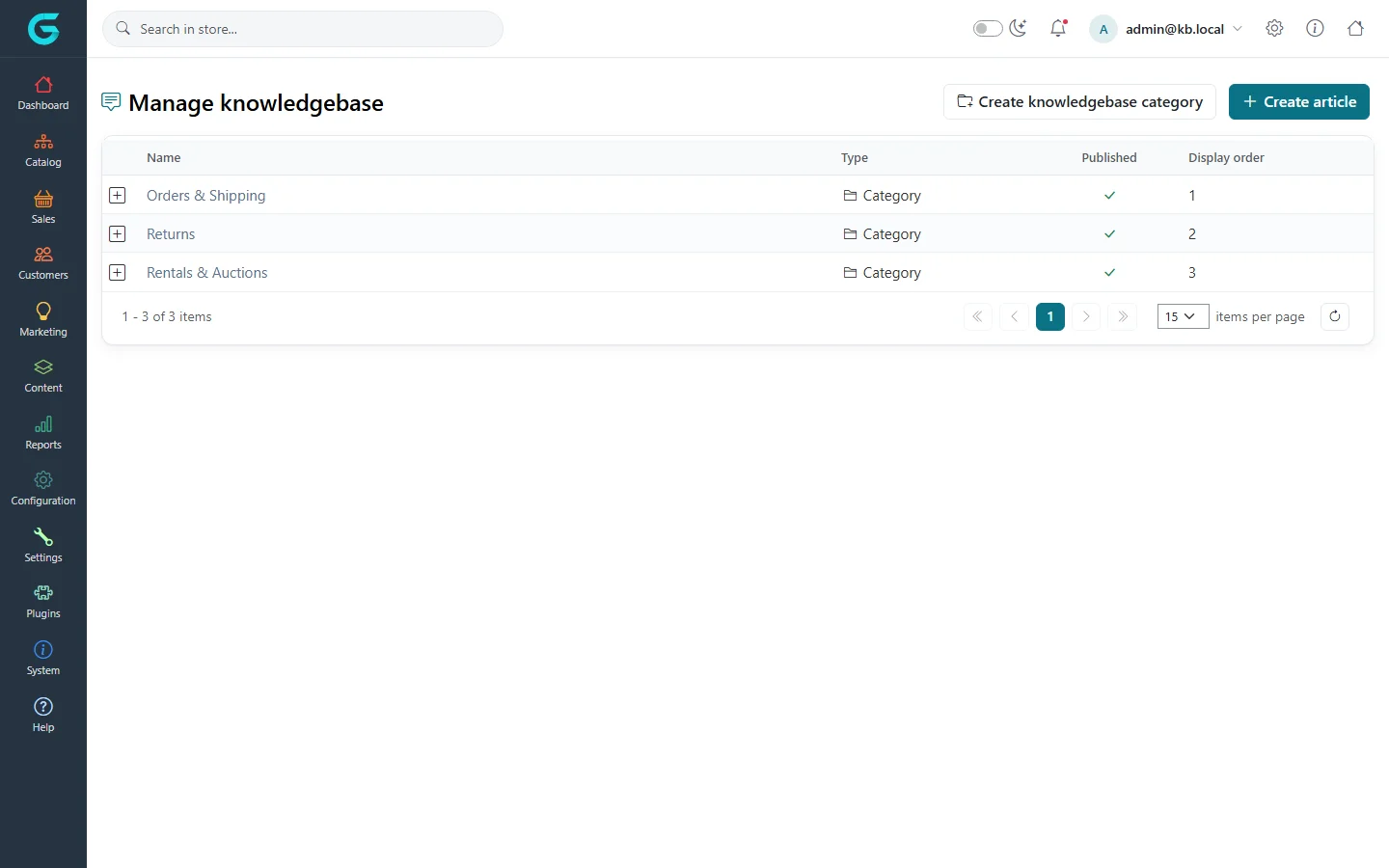 Manage knowledgebase: the categories Orders & Shipping, Returns and Rentals & Auctions with Create knowledgebase category and Create article buttons