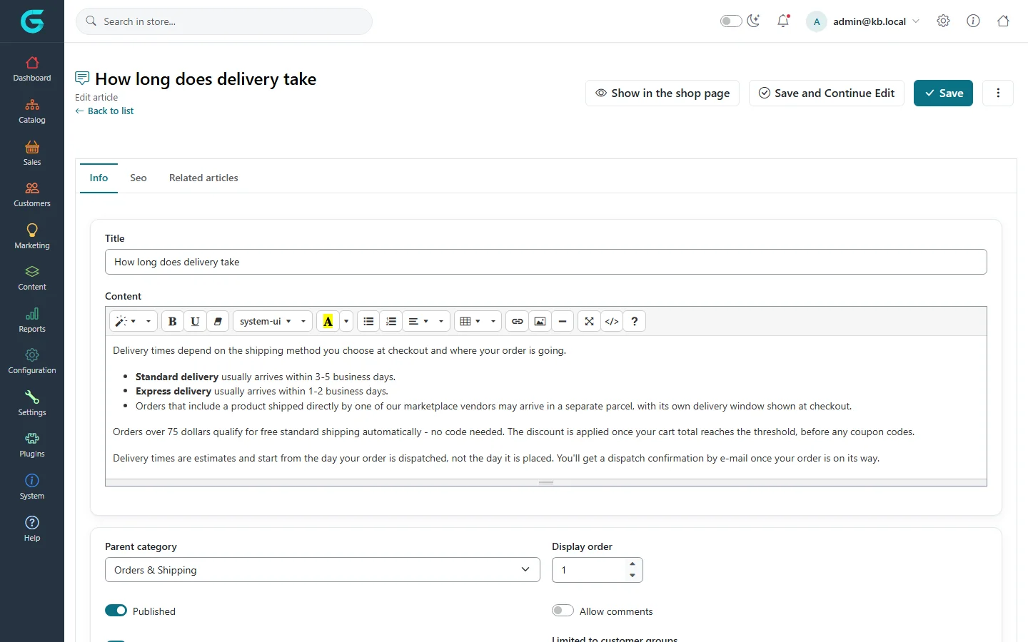 Editing the article How long does delivery take: title, content editor, parent category Orders & Shipping, display order, published and allow comments